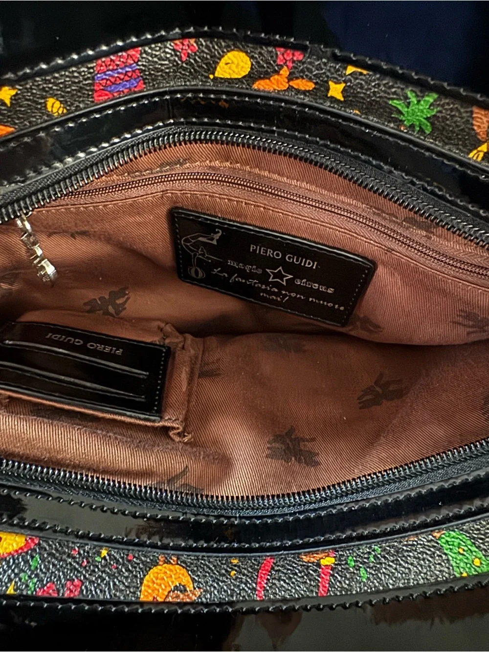 Piero Guidi Black Multicolor Printed Satchel